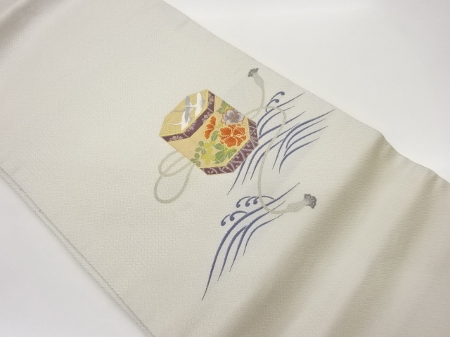 貝桶に鶴・草花・荒波模様織出し名古屋帯